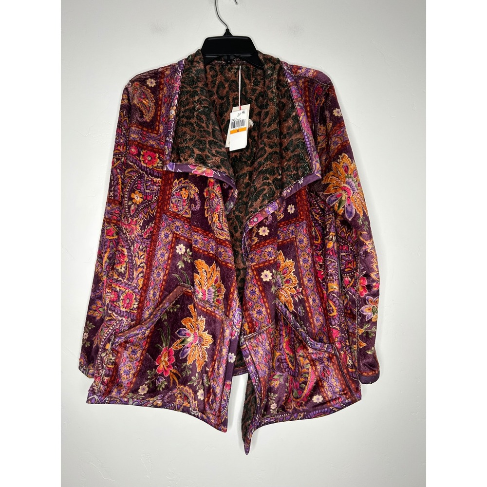 NWT Johnny Was Joan Wrap Purple Paisley Leopard Reversible Sweater Jacket Small